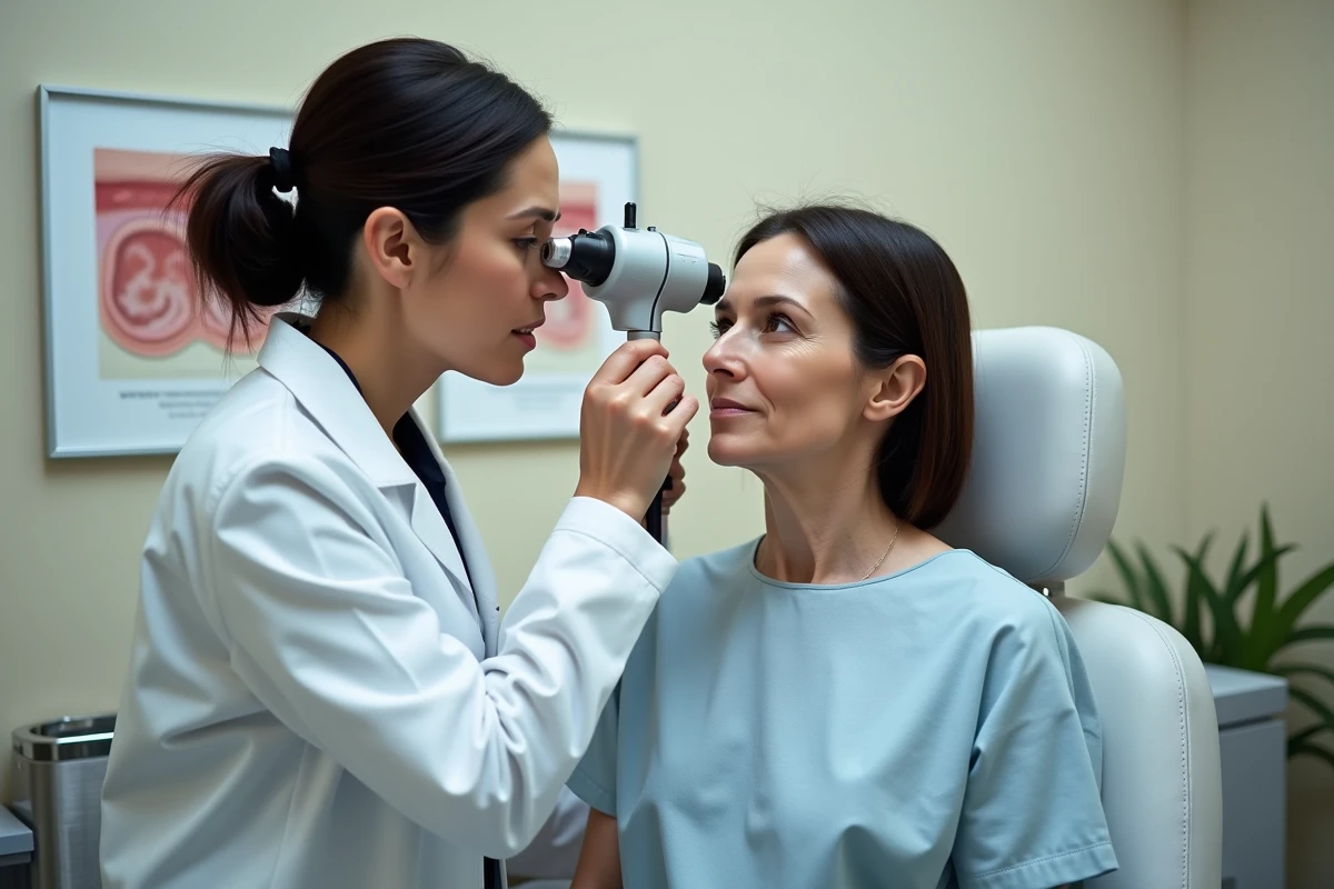 Dermatologue examinant le nez d'une patiente avec un dermatoscope en cabinet médical pour détecter un potentiel carcinome cutané