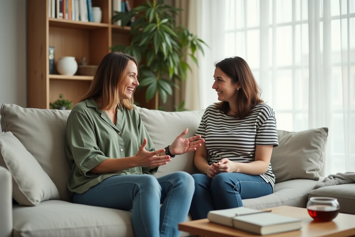 Deux femmes conversant librement et avec confiance sur un canapé dans un appartement moderne, illustrant le dialogue ouvert sur le bien-être et le plaisir féminin