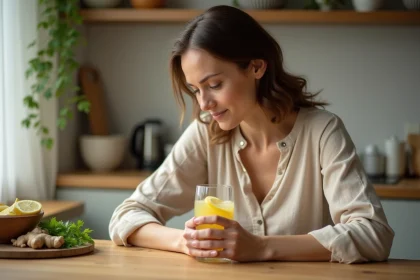 Femme tenant un verre d'eau citronnée le matin pour aider à réduire les transaminases après les fêtes