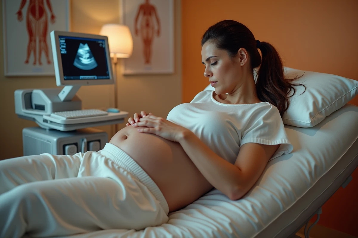 Patiente allongée lors d'une échographie transvaginale précoce en cabinet de gynécologie, technician réalisant l'examen