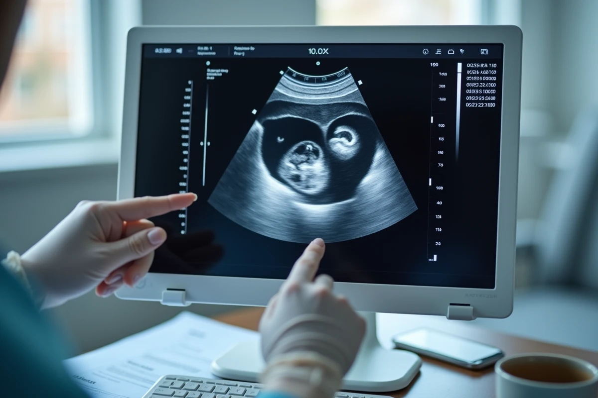 Écran d'échographie affichant un sac gestationnel mesurable à 5 semaines d'aménorrhée avec callipers de mesure en cabinet médical