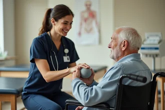 Ergothérapeute en milieu hospitalier guidant un patient âgé en fauteuil roulant lors d'un exercice de rééducation de la main