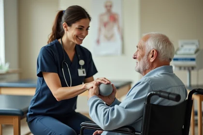 Ergothérapeute en milieu hospitalier guidant un patient âgé en fauteuil roulant lors d'un exercice de rééducation de la main