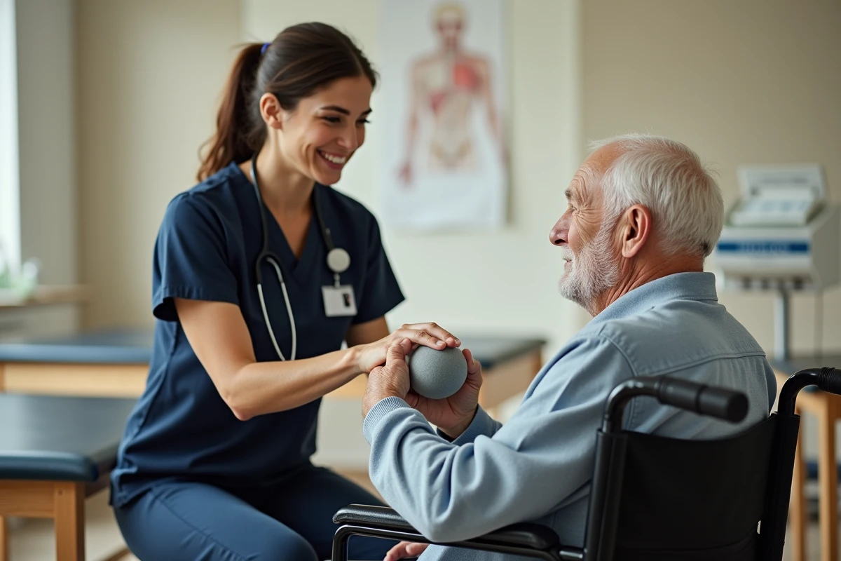 Ergothérapeute en milieu hospitalier guidant un patient âgé en fauteuil roulant lors d'un exercice de rééducation de la main