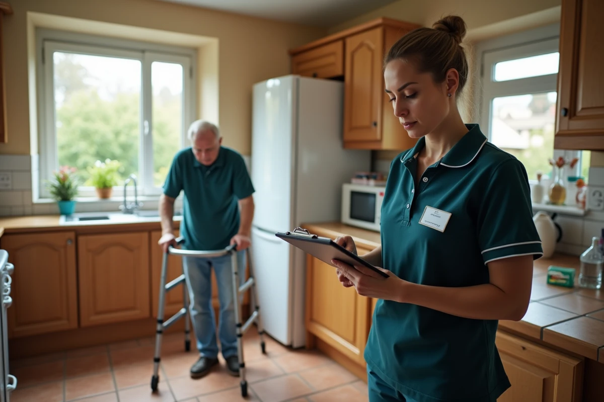 Ergothérapeute en SSIAD réalisant une évaluation à domicile dans la cuisine d'un patient âgé pour adapter son environnement