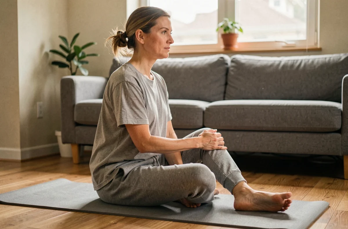 Femme effectuant un étirement du piriforme sur tapis de yoga à domicile pour soulager une douleur fessière liée au bassin