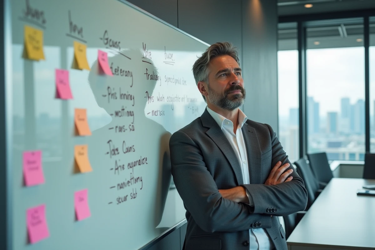 Professionnel évaluant les avantages et inconvénients d'une formation en ligne devant un tableau blanc dans une salle de réunion