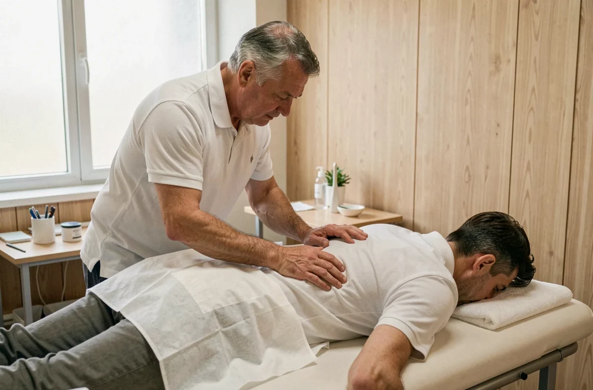 Kinésithérapeute examinant la région glutéale et sacro-iliaque d'un patient allongé pour diagnostiquer une fessalgie fonctionnelle