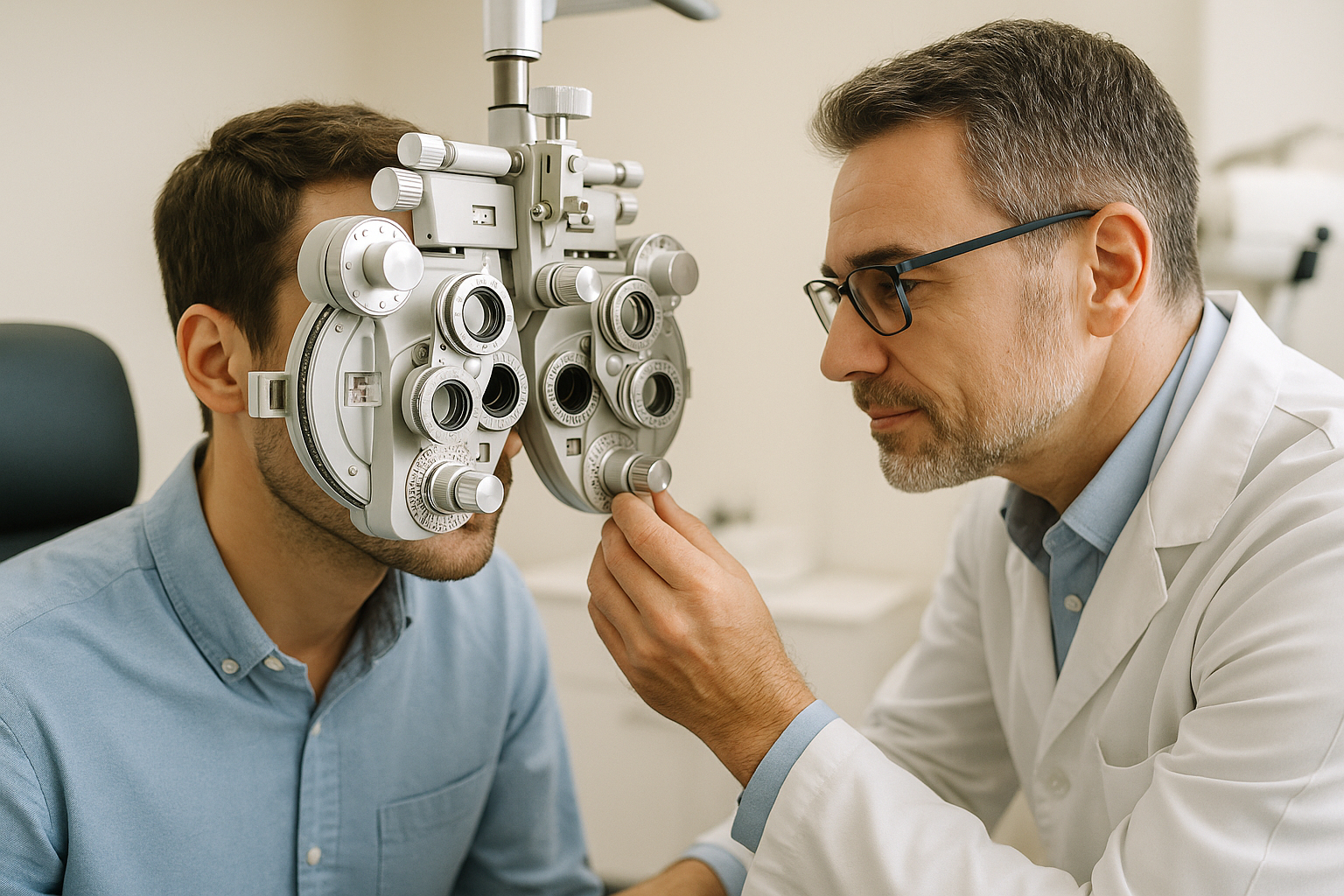 Examen de la vue avec un optometre et un jeune homme dans une salle bien éclairée