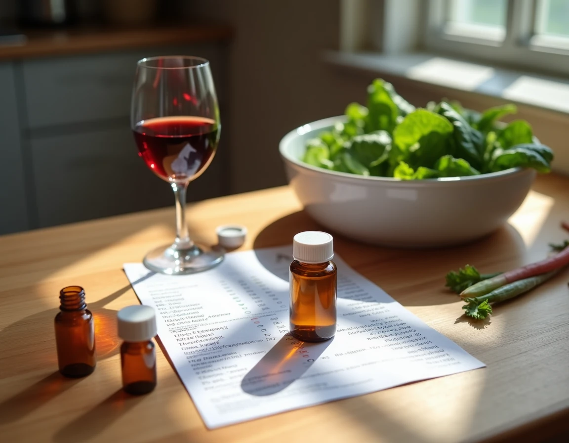 Table de cuisine avec verre de vin, médicaments, légumes verts et résultats d'analyse sanguine illustrant les facteurs influençant le TCMH