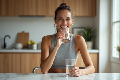 Femme sportive buvant de l'eau dans une cuisine moderne