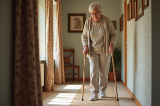 Femme âgée marche dans un couloir lumineux à la maison