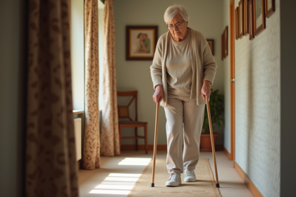 Femme âgée marche dans un couloir lumineux à la maison