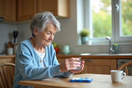 Femme âgée examine un pilulier dans la cuisine lumineuse