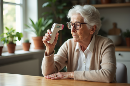 Femme âgée prenant sa température avec un thermomètre digital