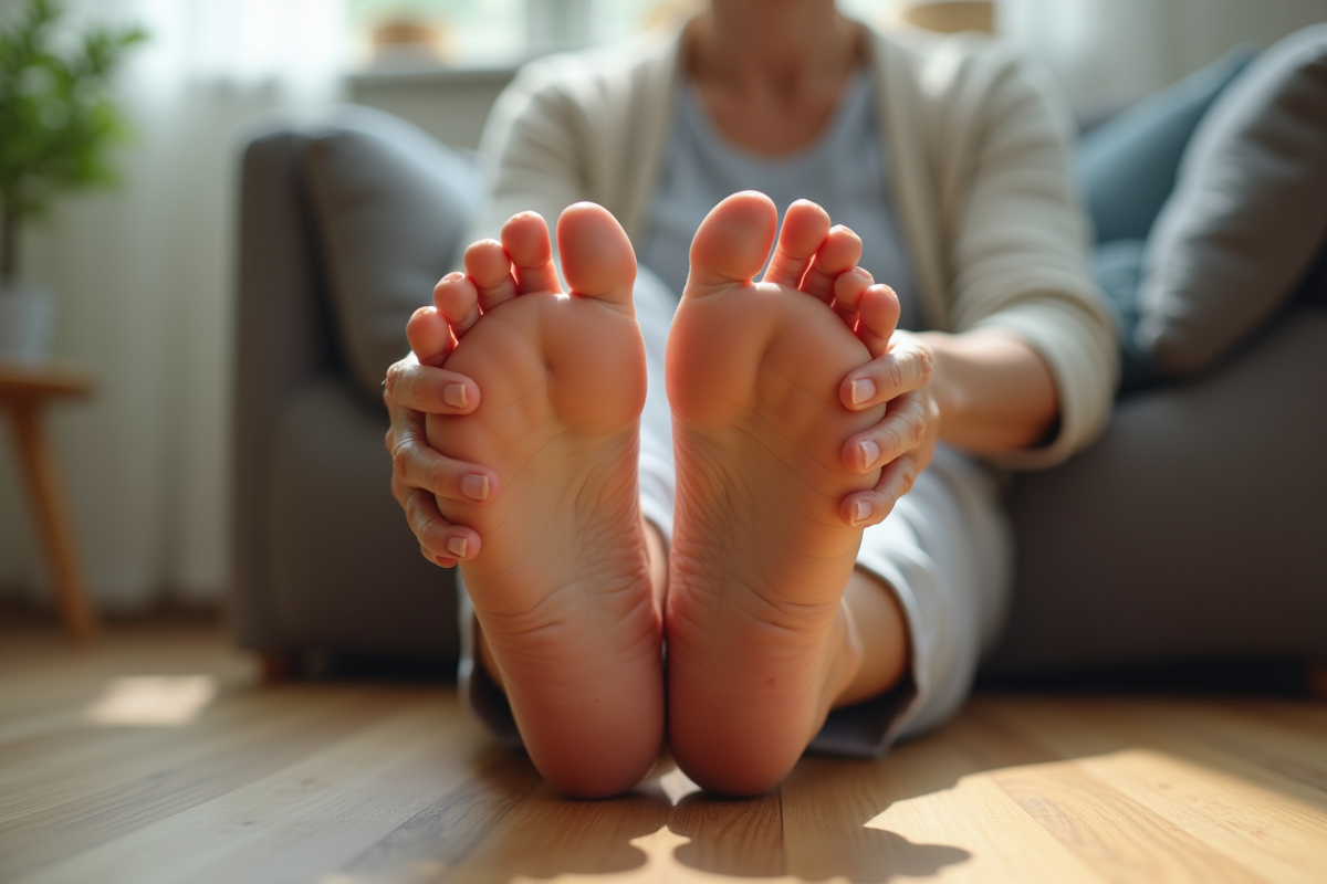 Femme senior massant ses pieds avec creme