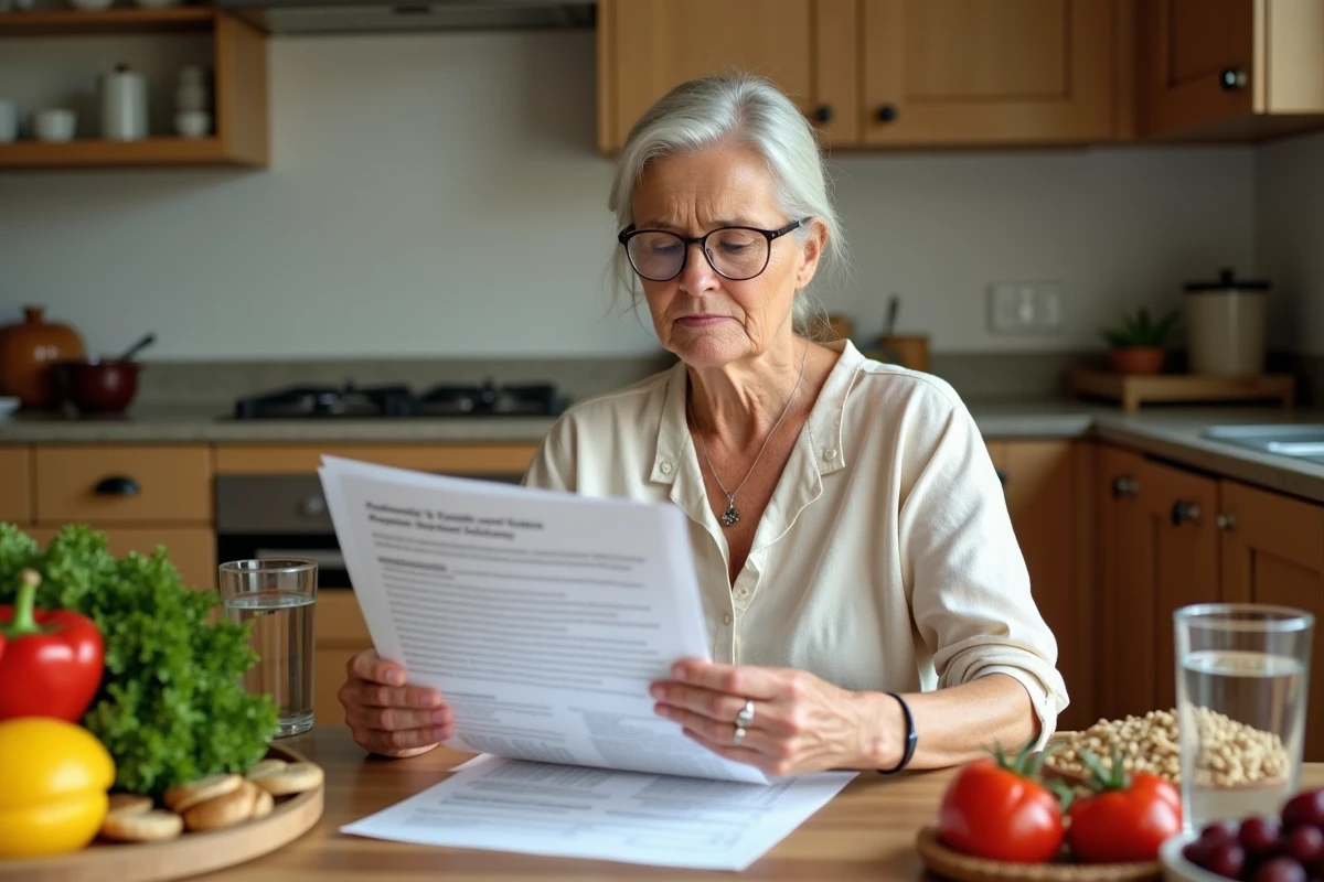 Femme consultant un document médical sur la santé du foie entourée d'aliments sains pour réduire l'excès de ferritine