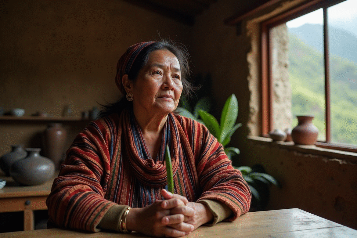 Femme andine traditionnelle avec feuille de coca