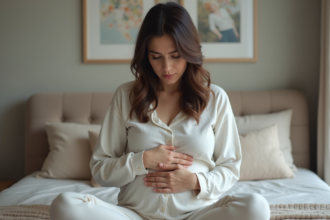 Femme assise sur le lit avec une expression réfléchie