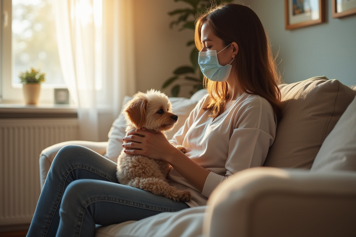 Jeune femme avec chien en masque dans le salon lumineux