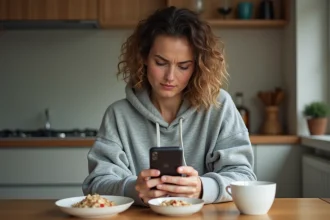 Femme consultant les avis sur l'application Better Me avec une expression dubitative sur son smartphone