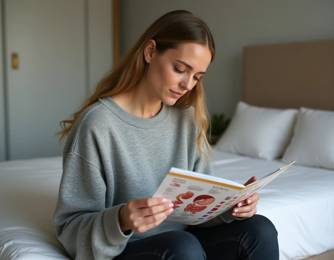 Femme tenant une brochure médicale sur la santé digestive dans une chambre à coucher apaisante