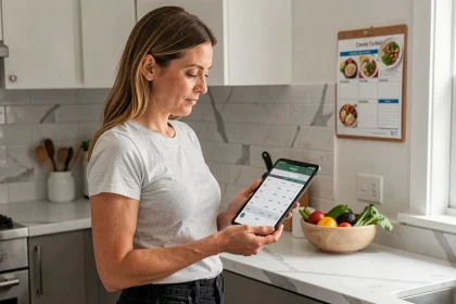 Femme consultant un calculateur de coût du régime Comme J'aime sur une tablette dans une cuisine moderne