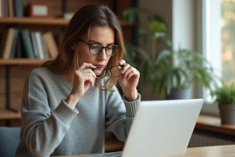 Femme examinant ses lunettes de vue devant un outil de calcul d'épaisseur de verres sur un site d'optique en ligne