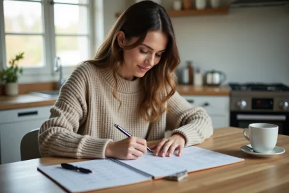 Femme assise à la cuisine en train de noter sur un calendrier