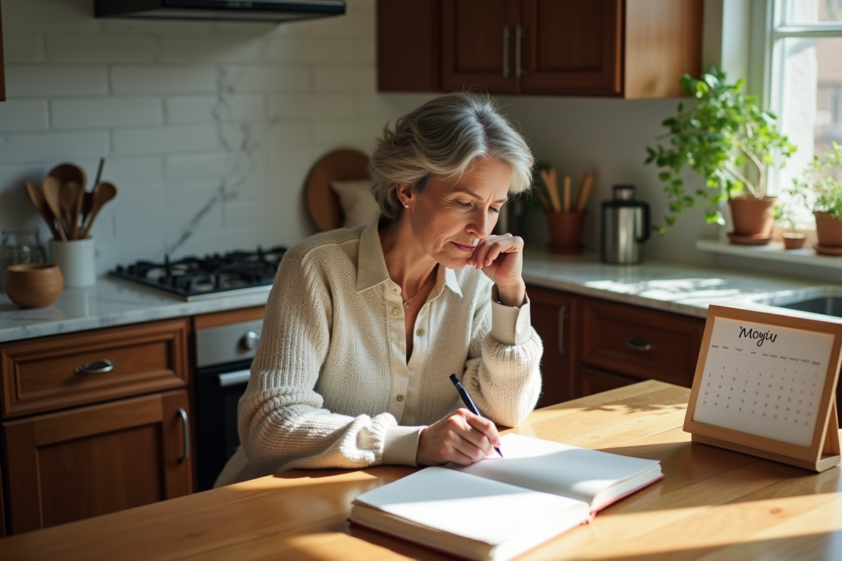Femme d age moyen note observations dans la cuisine