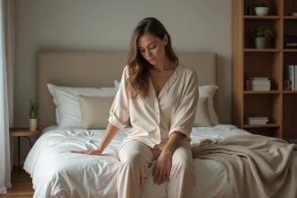 Femme en tenue confortable assise sur le lit dans une chambre chaleureuse