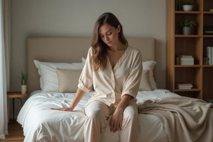 Femme en tenue confortable assise sur le lit dans une chambre chaleureuse