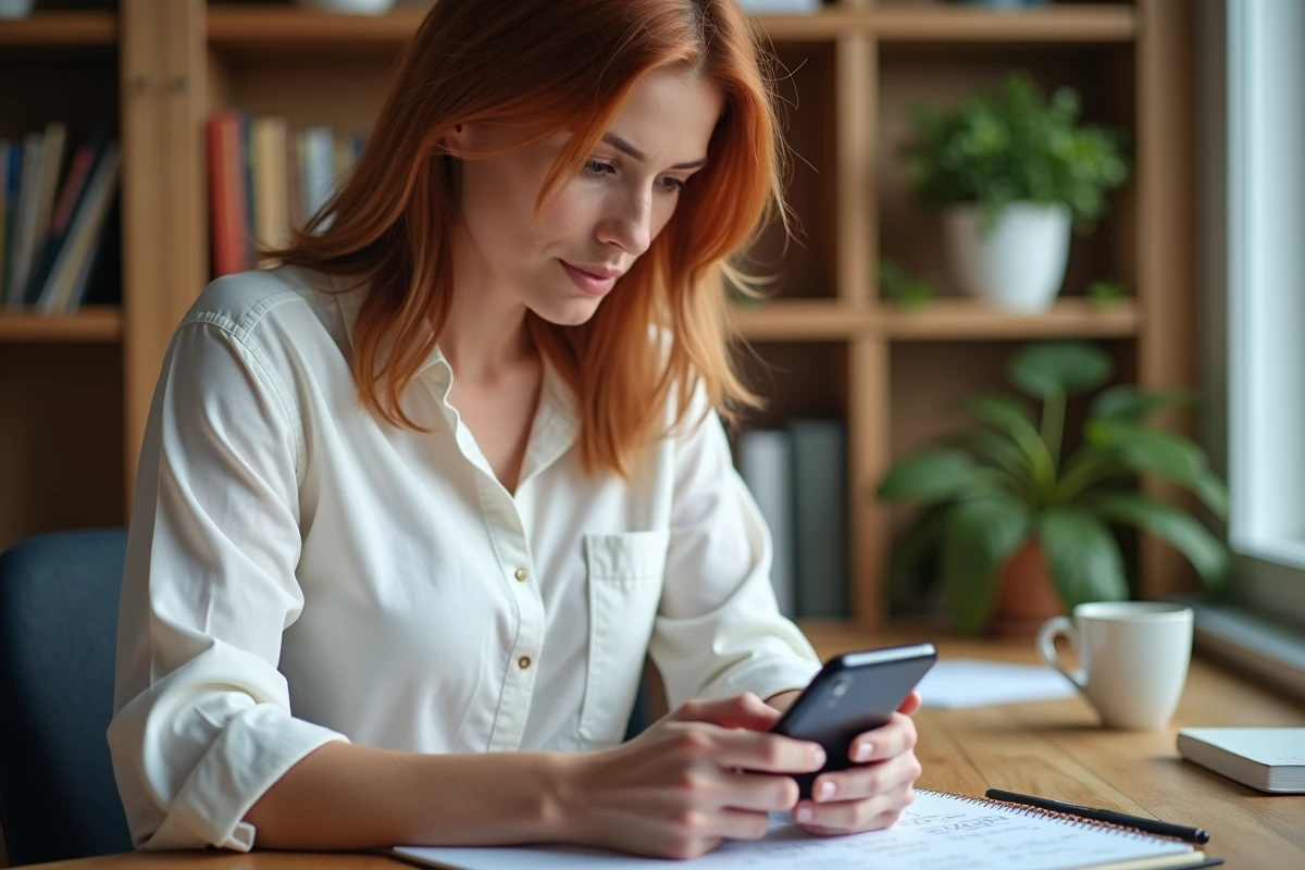 Femme comparant les données de son application de suivi d'activité avec des notes manuscrites pour vérifier le calcul de pas en kilomètres