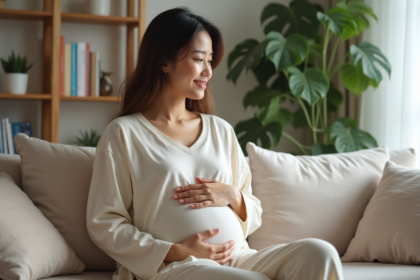 Femme sereine dans son salon avec un ventre rond