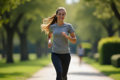 Femme sportive courant dans un parc verdoyant