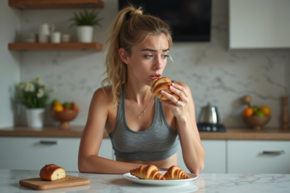 Jeune femme en cuisine avec croissant à la main