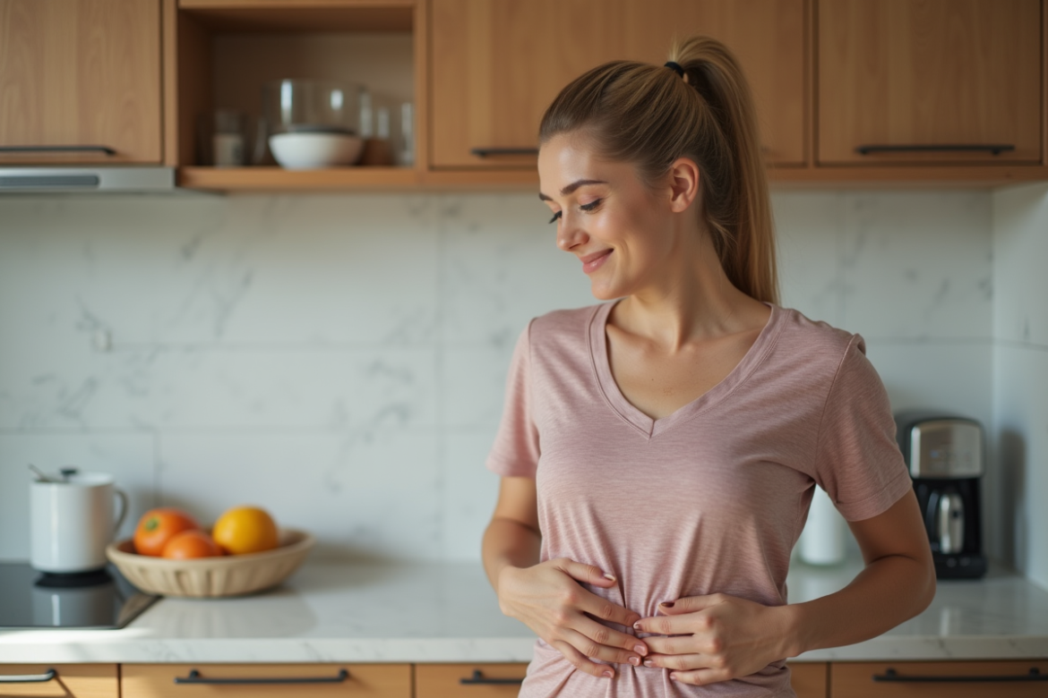 Femme en tenue sportive dans une cuisine lumineuse