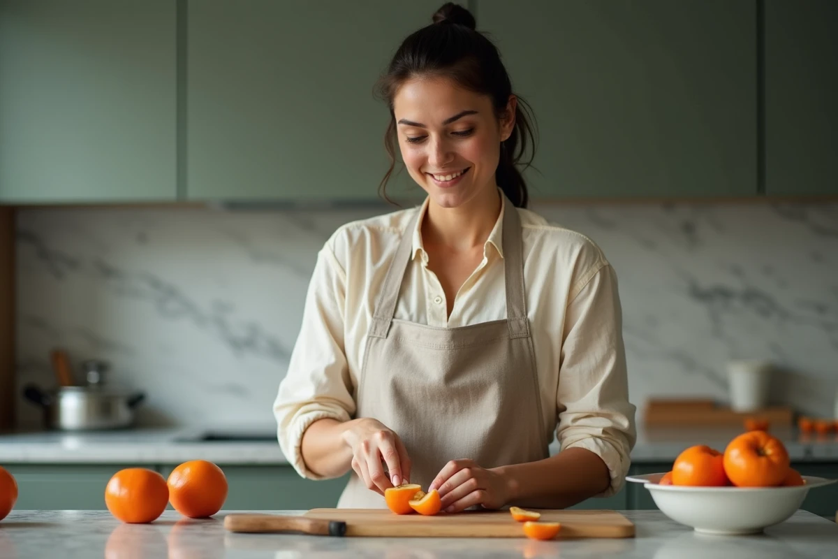 Femme découpant un kaki frais sur un plan de travail en marbre dans une cuisine moderne, évoquant les vertus nutritionnelles du kaki pour le cœur
