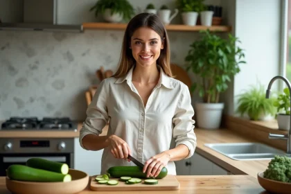Jeune femme coupant du zucchini dans une cuisine lumineuse