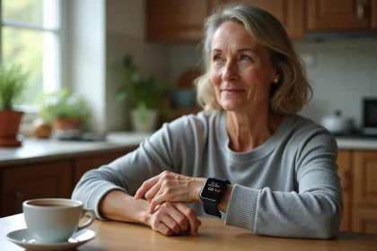 Femme diabétique d'âge mûr utilisant une montre tensiomètre connectée dans sa cuisine