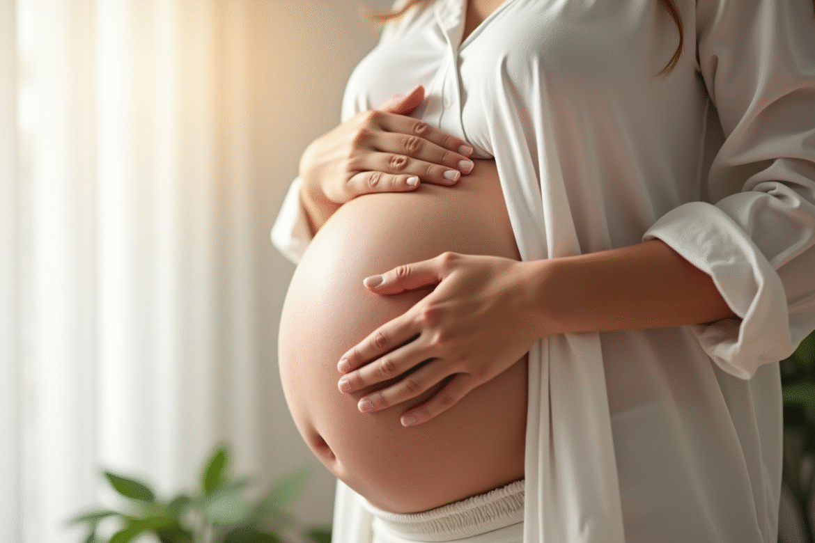 Femme enceinte touchant son ventre en lumière naturelle