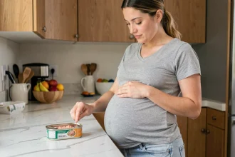 Femme enceinte lisant l'étiquette d'une boîte de thon dans sa cuisine moderne