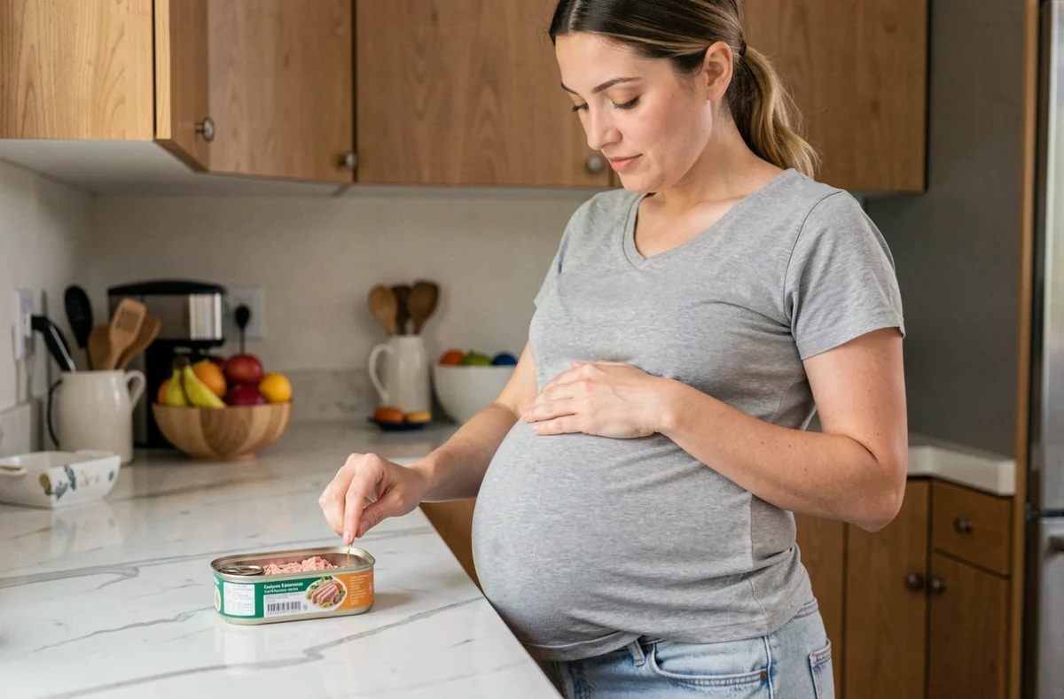 Femme enceinte lisant l'étiquette d'une boîte de thon dans sa cuisine moderne