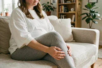 Femme enceinte assise examinant sa cheville enflée à la maison, symptôme courant de grossesse