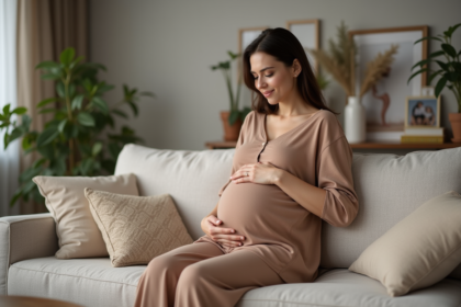 Femme enceinte assise sur un canapé dans un salon chaleureux