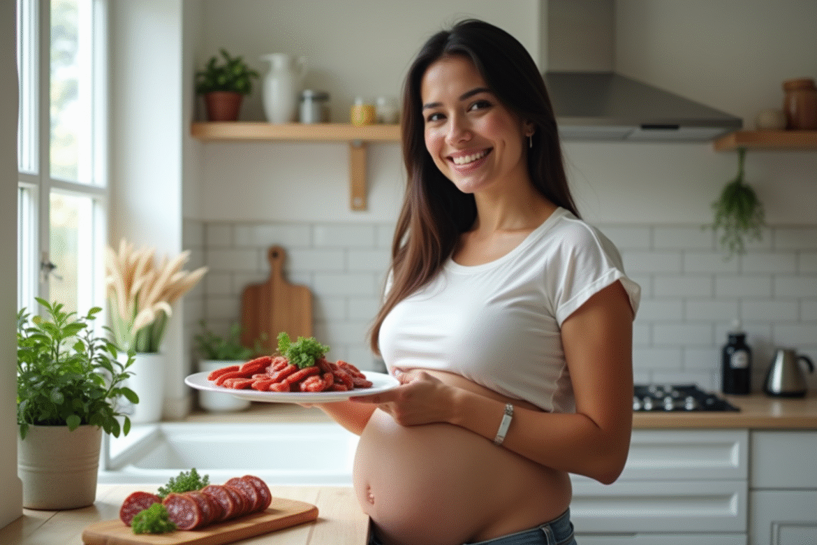 Femme enceinte souriante dans la cuisine avec du chorizo