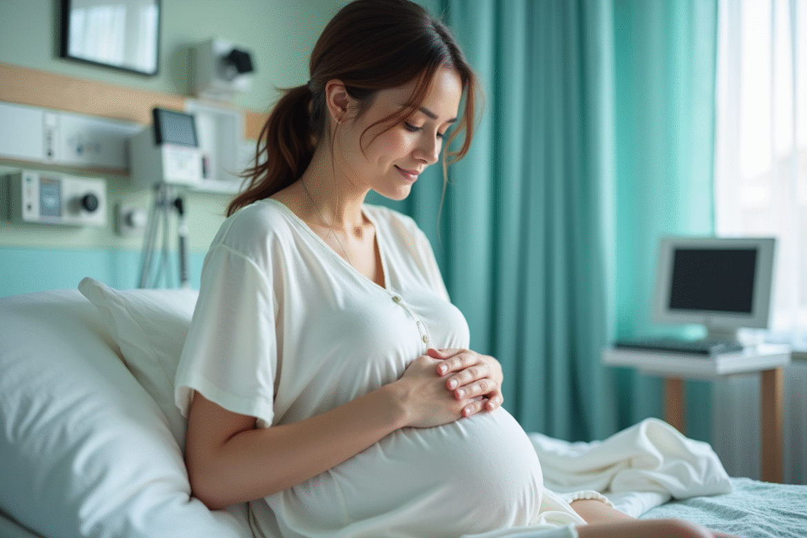 Femme enceinte dans un lit d'hôpital calme et rassurant