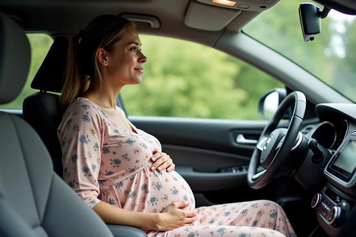 Femme enceinte assise côté passager dans une voiture, mains sur le ventre, en train de gérer la perte des eaux lors d'un trajet