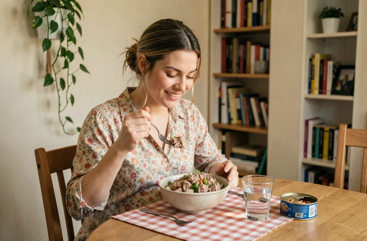 Femme enceinte mangeant une salade de thon à domicile avec une boîte de thon sur la table