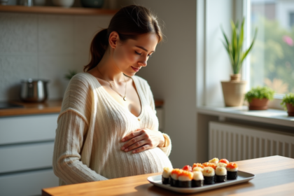 Femme enceinte contemplant un plat de sushi dans la cuisine